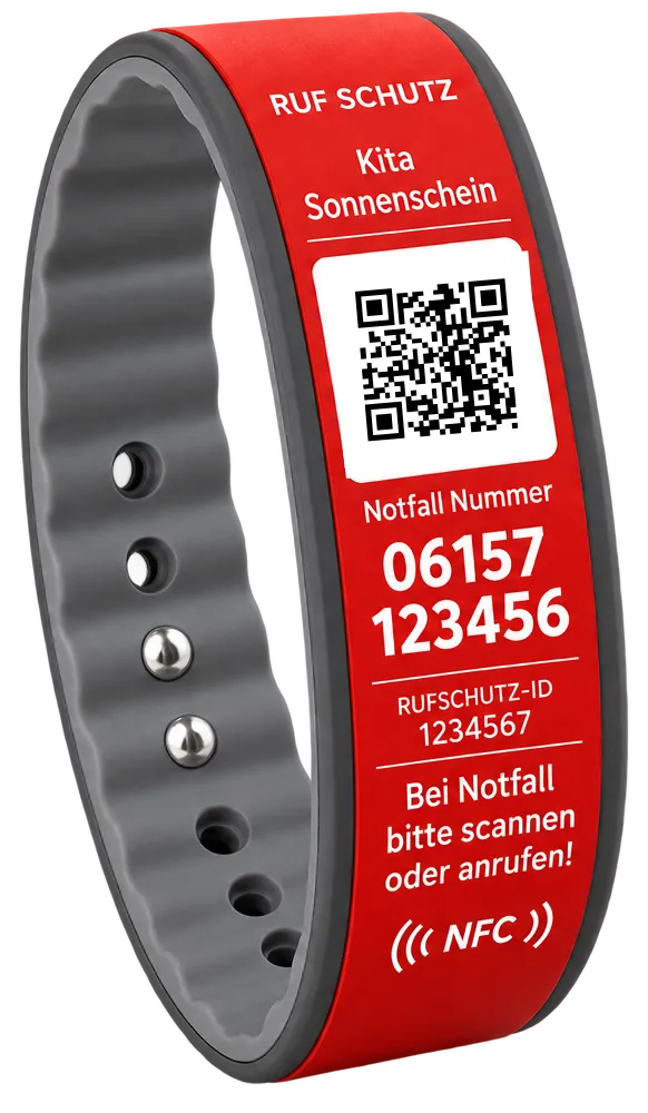 Beispiel-Schutzarmband in Rot mit dem Aufdruck Kita Sonnenschein, einem scanbaren QR-Code, einer Notfallnummer und einer Rufschutz-ID. Der QR-Code führt zur Demo-Kontaktansicht.