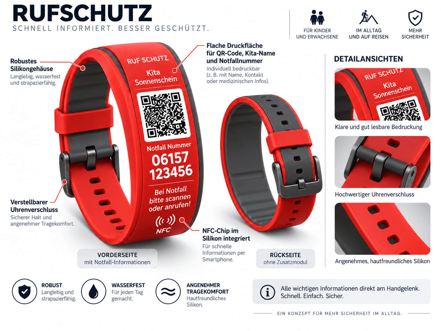 Infografik „Rufschutz – Schnell informiert. Besser geschützt.“: rotes Silikonarmband mit schwarzem Uhrenverschluss. Die Vorderseite zeigt „Kita Sonnenschein“, einen QR-Code, eine Notfallnummer und den Hinweis „Bei Notfall bitte scannen oder anrufen!“. Daneben Rückseite und Detailansichten von Bedruckung, Verschluss und Silikon.